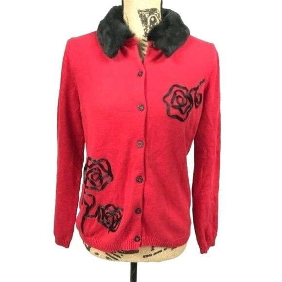 Hanna Andersson Red Cardigan Button Front Black Removable Collar Womens Small - Picture 1 of 9